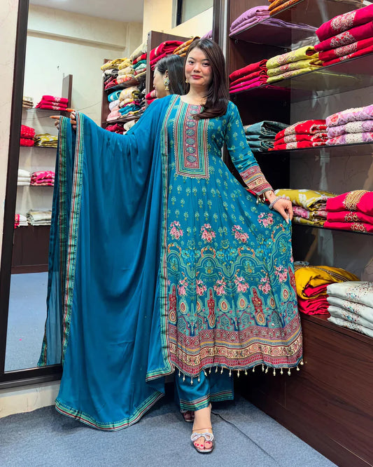 Teal Blue Rajasthani Printed Chinon Anarkali Suit Set