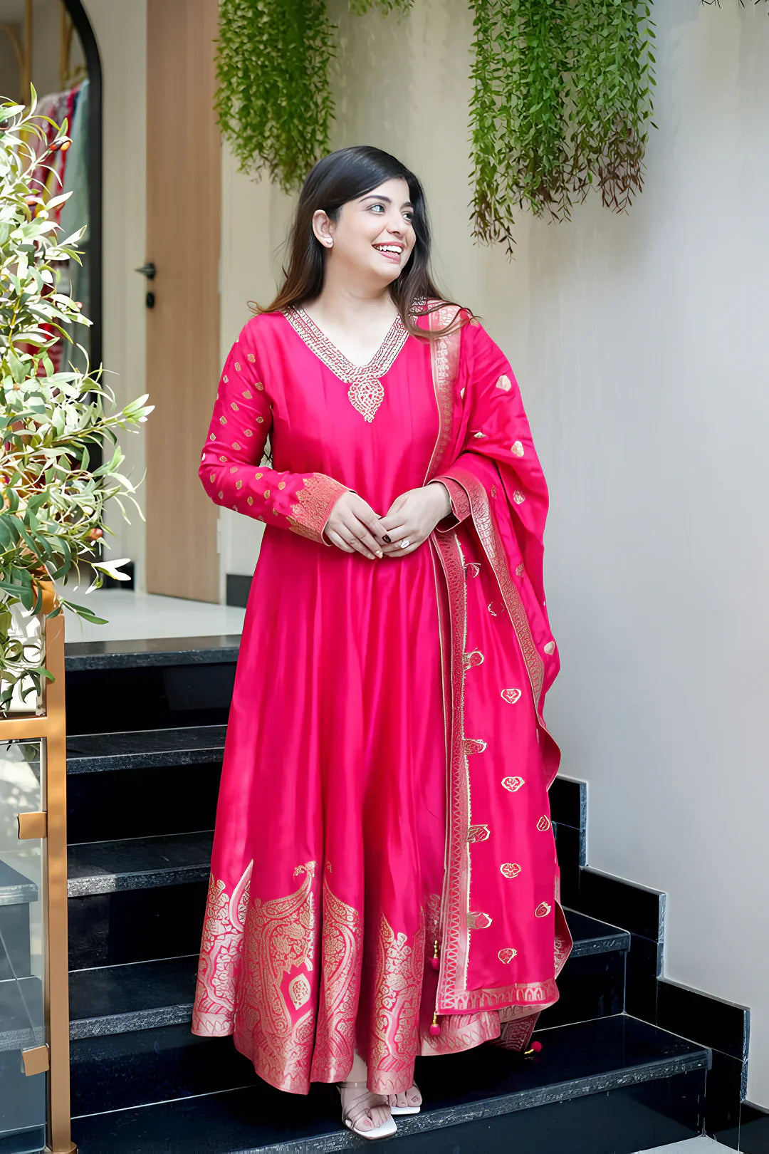 Rani Pink Premium Banarasi Anarkali Suit Set with Handwork & Zari Flare