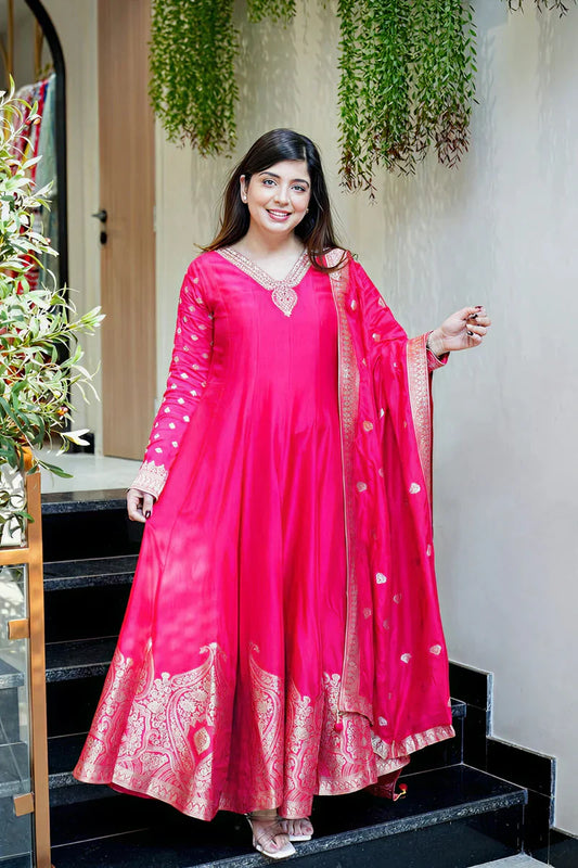 Rani Pink Premium Banarasi Anarkali Suit Set with Handwork & Zari Flare