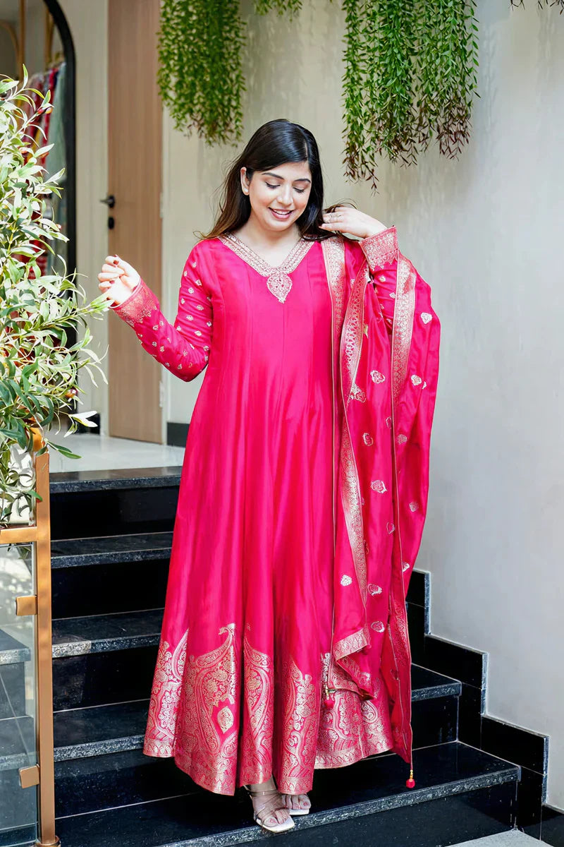 Rani Pink Premium Banarasi Anarkali Suit Set with Handwork & Zari Flare