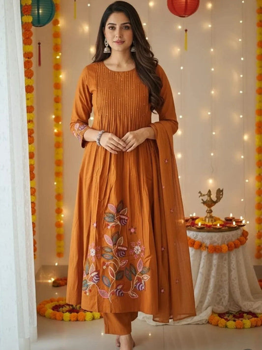 Premium Mustard Pure Cotton Flared Suit Set with Embroidery