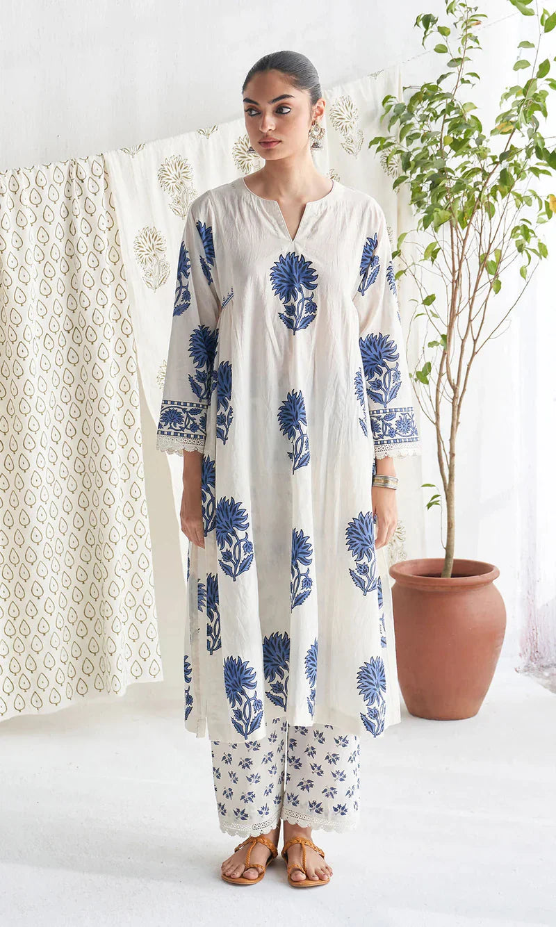 White & Indigo Blue Floral Block Print Pure Cotton Suit Set