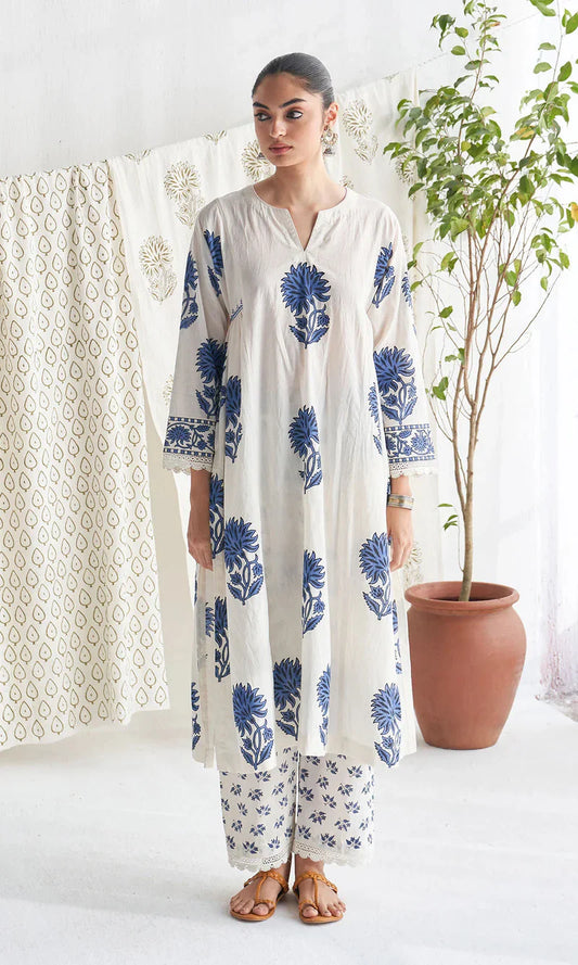 White & Indigo Blue Floral Block Print Pure Cotton Suit Set