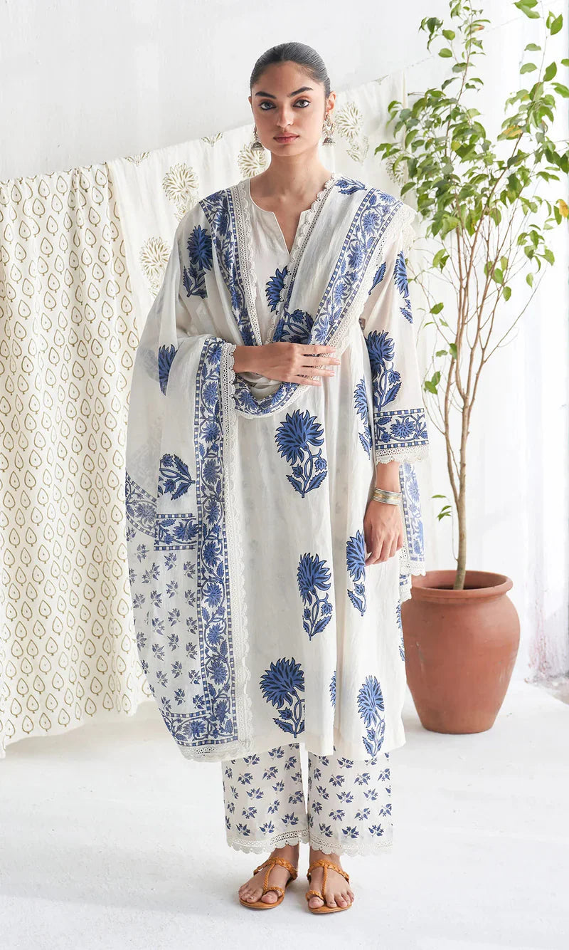 White & Indigo Blue Floral Block Print Pure Cotton Suit Set