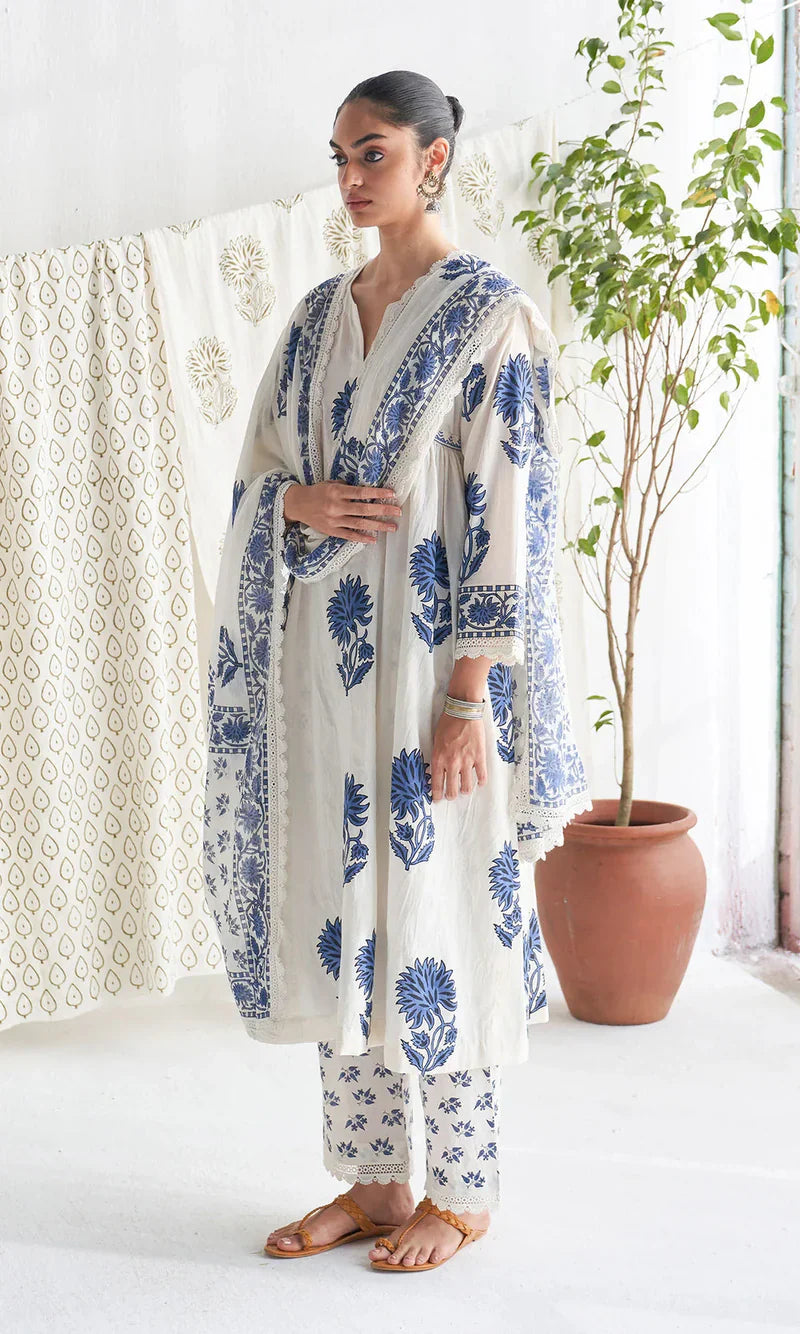White & Indigo Blue Floral Block Print Pure Cotton Suit Set
