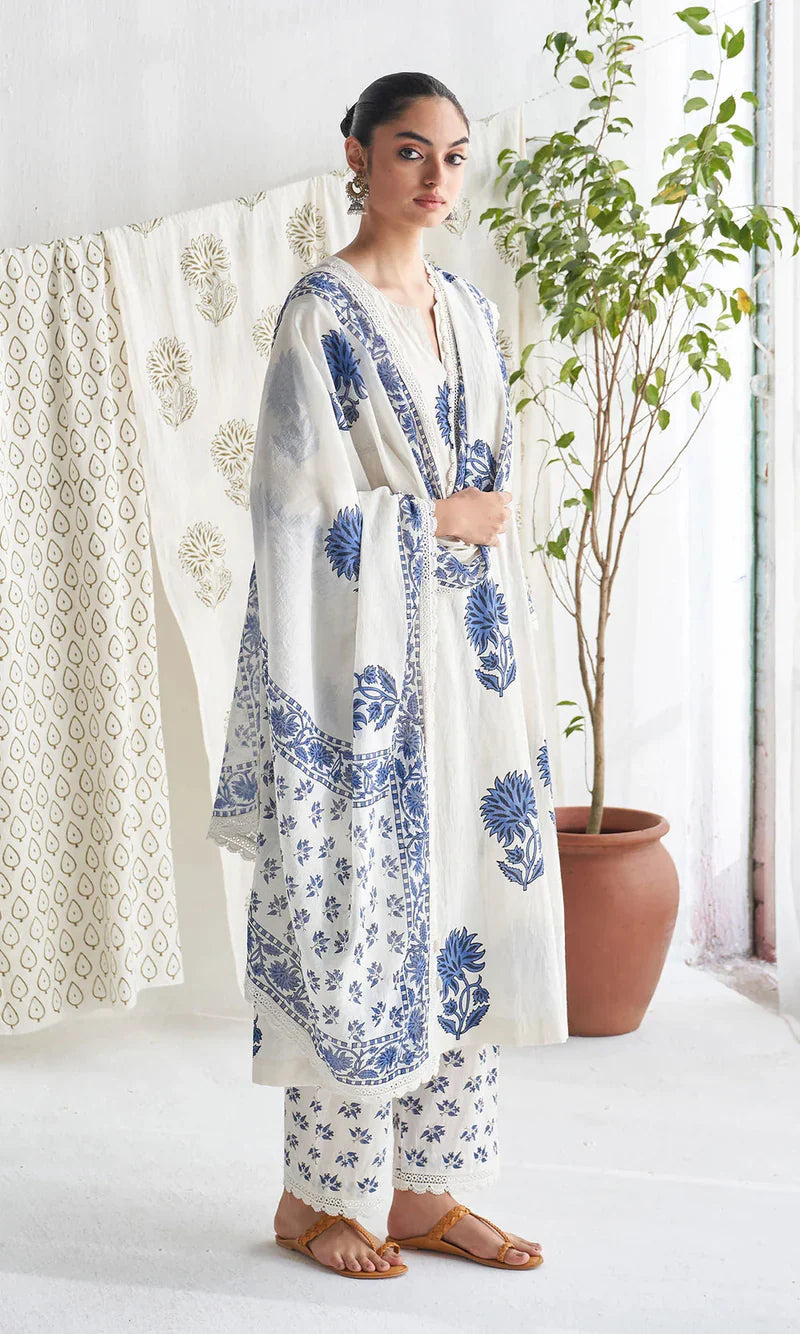 White & Indigo Blue Floral Block Print Pure Cotton Suit Set