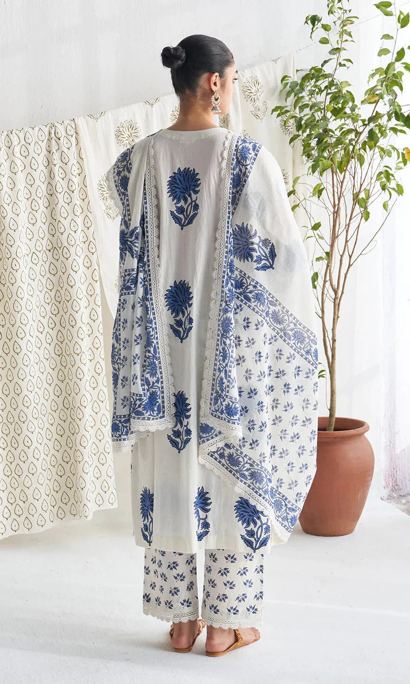 White & Indigo Blue Floral Block Print Pure Cotton Suit Set