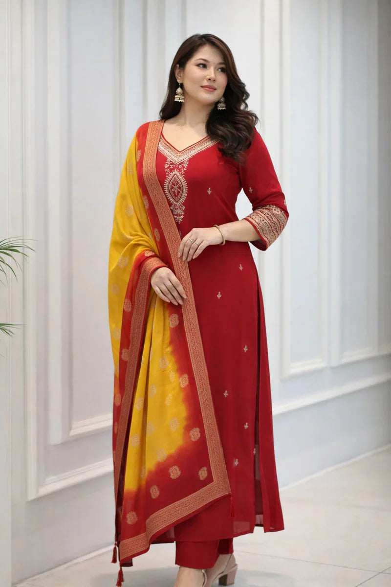 Vibrant Red Embroidered Straight Suit Set with Ombre Zari Dupatta