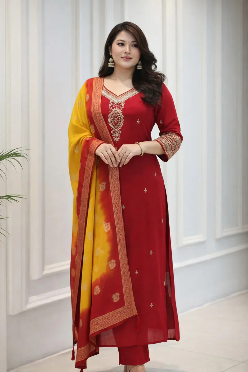 Vibrant Red Embroidered Straight Suit Set with Ombre Zari Dupatta