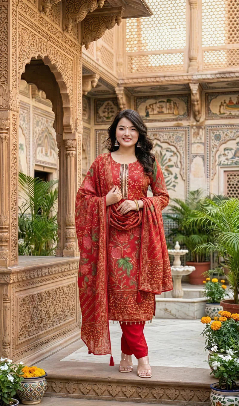 Crimson Red Floral Printed Straight Suit Set with Dupatta