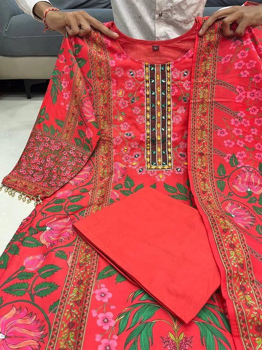 Crimson Red Floral Printed Straight Suit Set with Dupatta