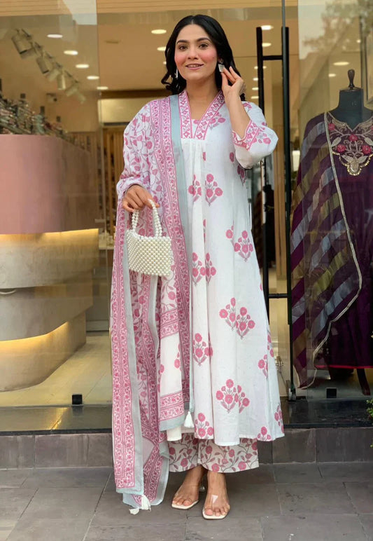 White & Pink Floral Block Print Pure Cotton Flared Suit Set