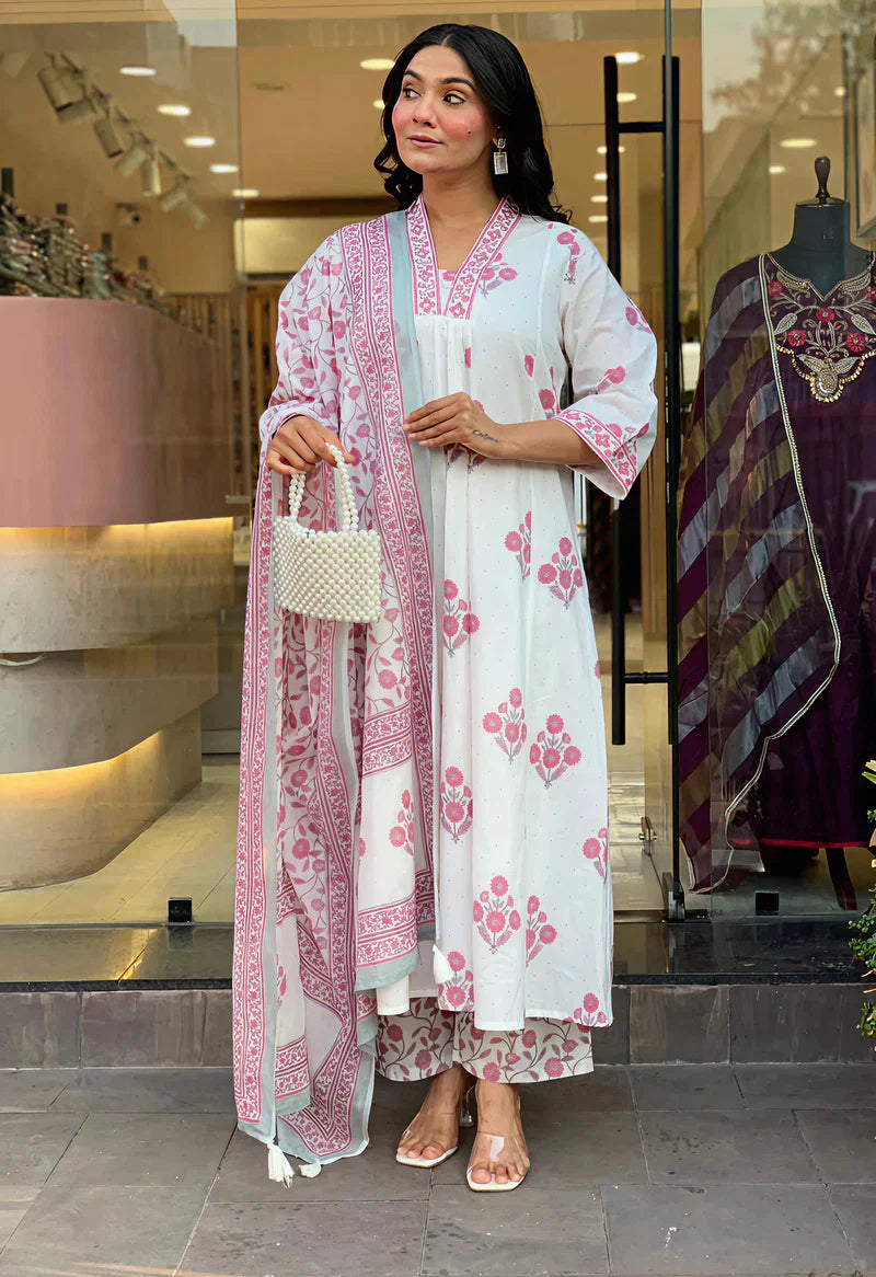 White & Pink Floral Block Print Pure Cotton Flared Suit Set