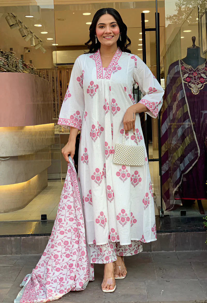 White & Pink Floral Block Print Pure Cotton Flared Suit Set