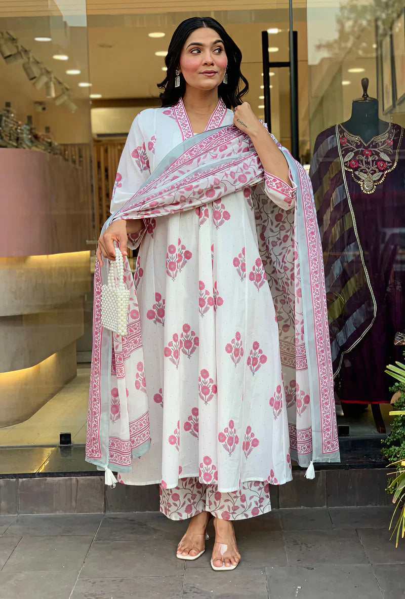 White & Pink Floral Block Print Pure Cotton Flared Suit Set