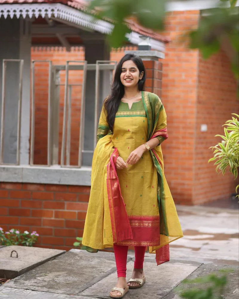 Mustard Yellow Cotton Silk Suit Set with Contrast Woven Borders