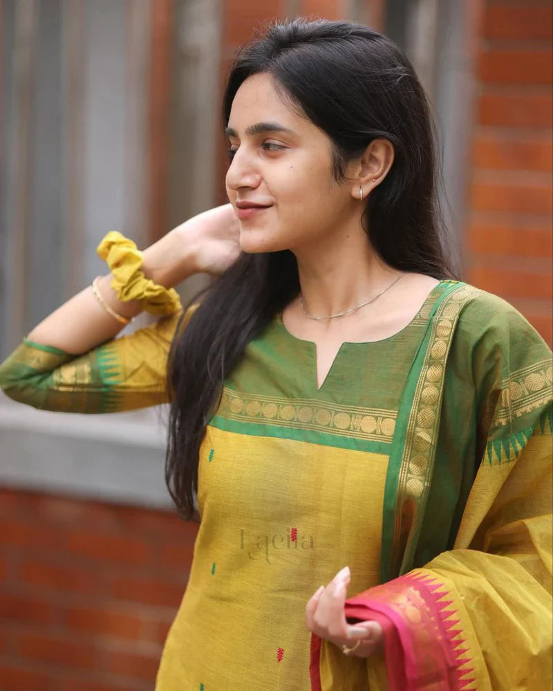 Mustard Yellow Cotton Silk Suit Set with Contrast Woven Borders