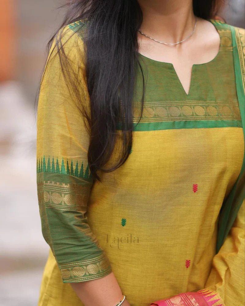 Mustard Yellow Cotton Silk Suit Set with Contrast Woven Borders
