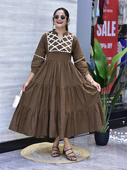 Brown Premium Jaipuri Cotton Gown with Hand Embroidery & Bagru Print