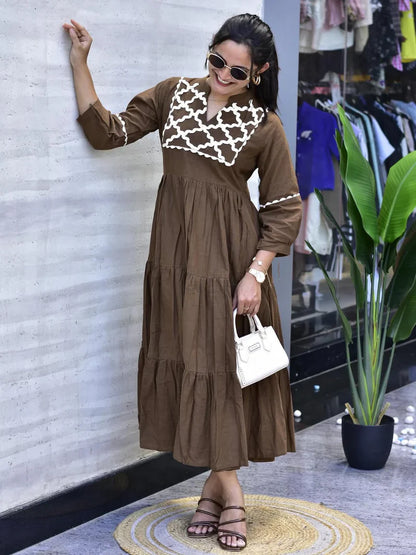 Brown Premium Jaipuri Cotton Gown with Hand Embroidery & Bagru Print