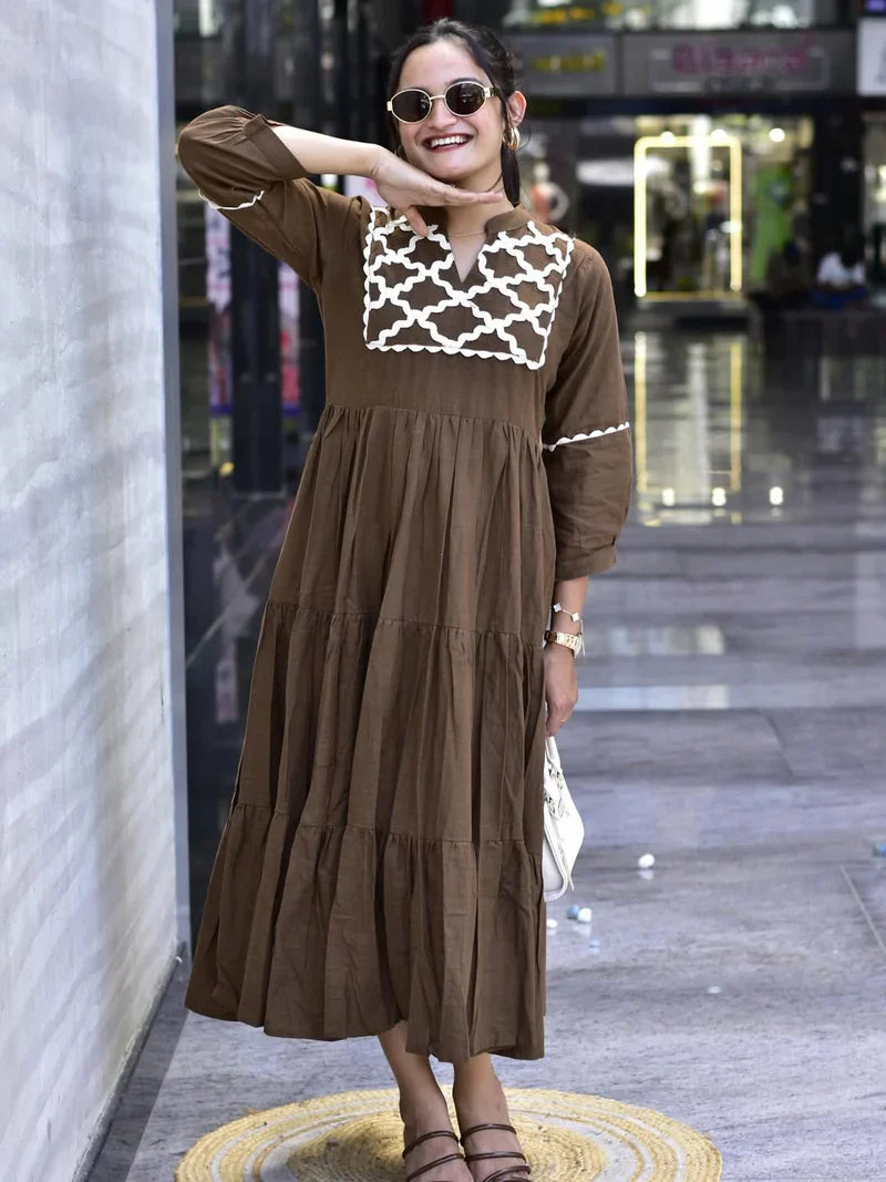 Brown Premium Jaipuri Cotton Gown with Hand Embroidery & Bagru Print