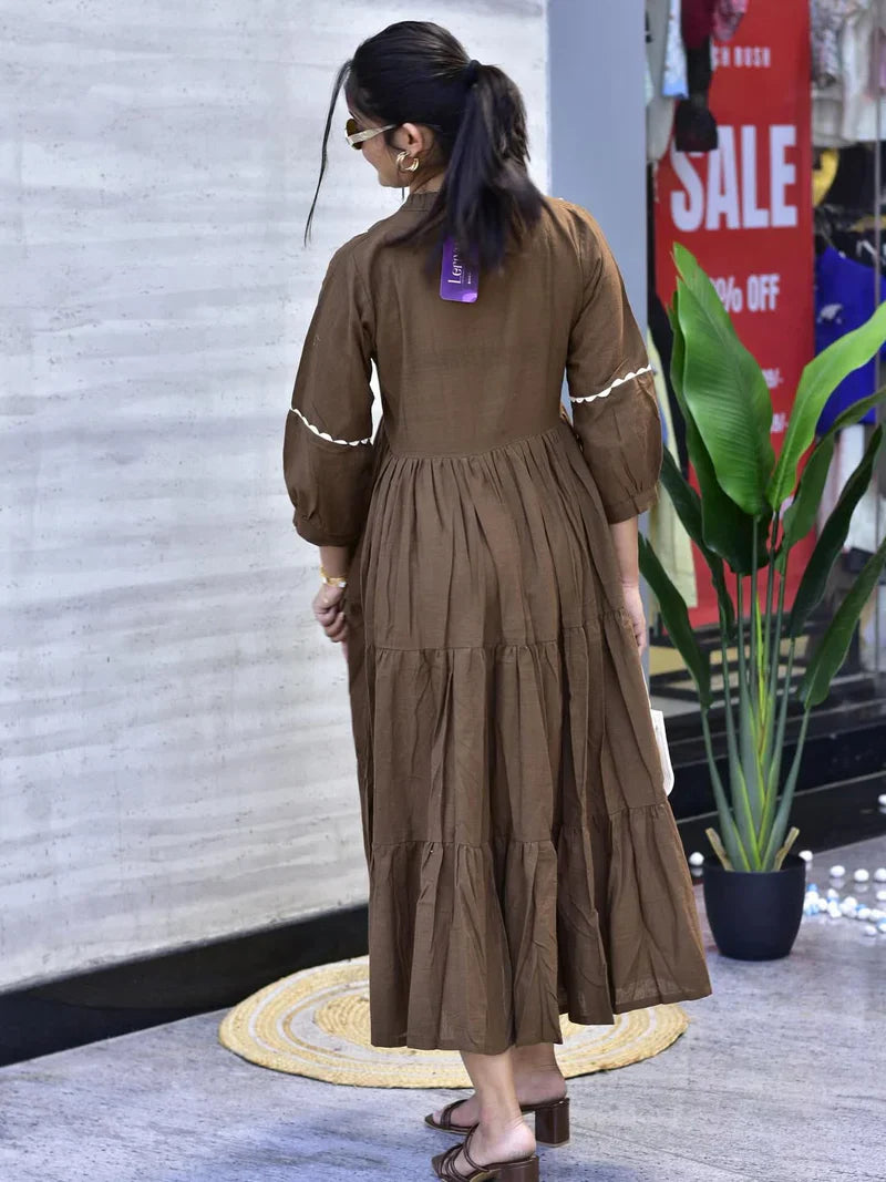 Brown Premium Jaipuri Cotton Gown with Hand Embroidery & Bagru Print