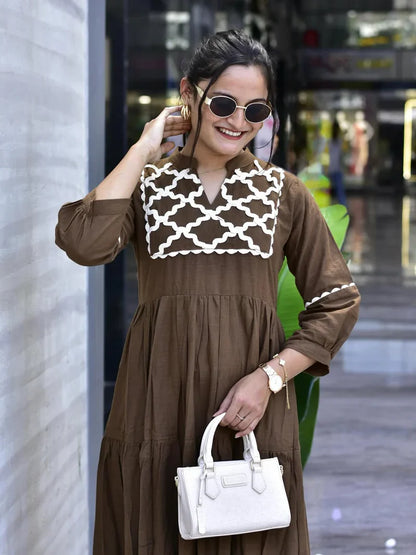 Brown Premium Jaipuri Cotton Gown with Hand Embroidery & Bagru Print