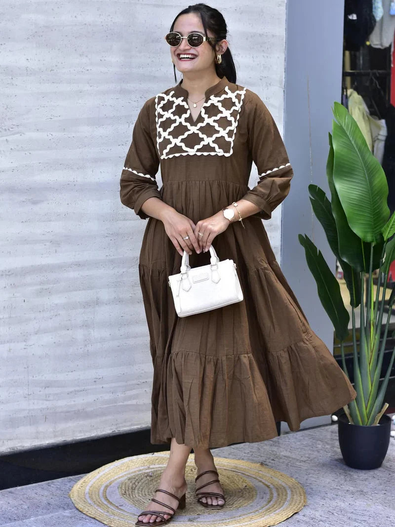 Brown Premium Jaipuri Cotton Gown with Hand Embroidery & Bagru Print