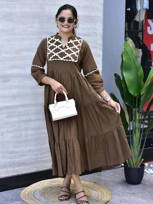 Brown Premium Jaipuri Cotton Gown with Hand Embroidery & Bagru Print
