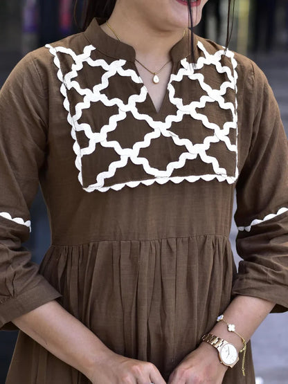Brown Premium Jaipuri Cotton Gown with Hand Embroidery & Bagru Print