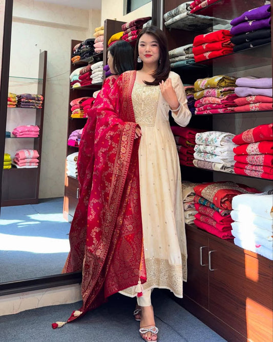 Jashn-E-Bahaaraa Golden Zari Banana Silk Anarkali Suit with Banarasi Dupatta