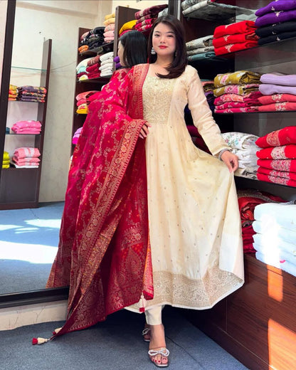 Jashn-E-Bahaaraa Golden Zari Banana Silk Anarkali Suit with Banarasi Dupatta