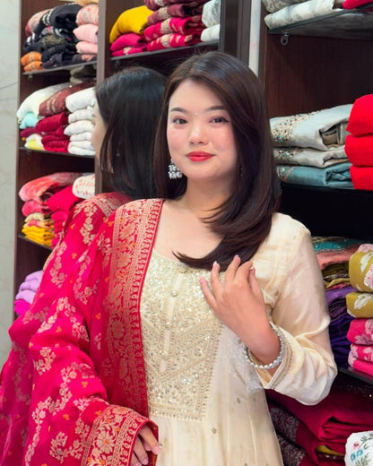 Jashn-E-Bahaaraa Golden Zari Banana Silk Anarkali Suit with Banarasi Dupatta