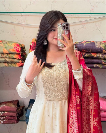 Jashn-E-Bahaaraa Golden Zari Banana Silk Anarkali Suit with Banarasi Dupatta