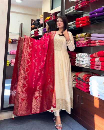 Jashn-E-Bahaaraa Golden Zari Banana Silk Anarkali Suit with Banarasi Dupatta