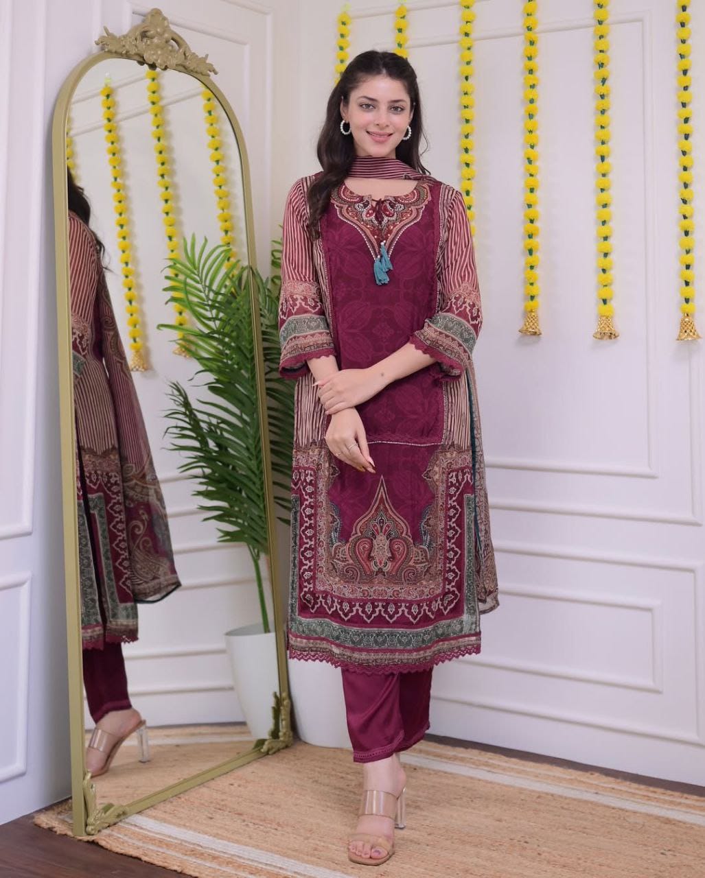 Premium Maroon Pakistani Muslin Suit Set with Dupatta