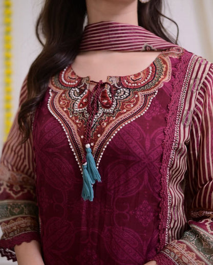 Premium Maroon Pakistani Muslin Suit Set with Dupatta