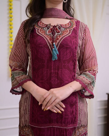 Premium Maroon Pakistani Muslin Suit Set with Dupatta