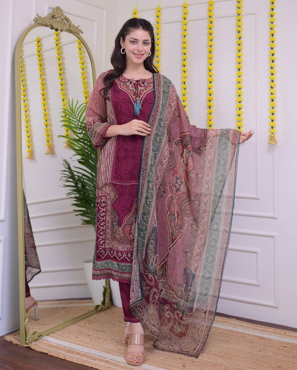 Premium Maroon Pakistani Muslin Suit Set with Dupatta