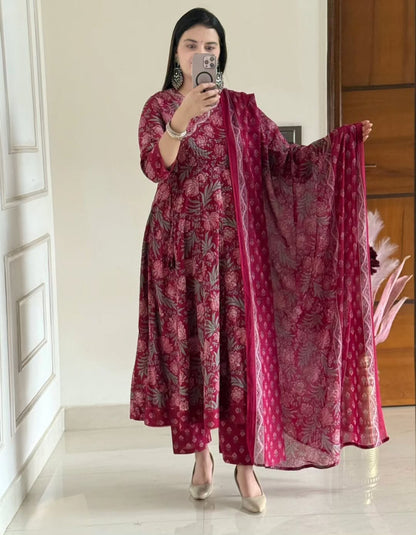 Premium Jaipuri Block Print Cotton Anarkali Suit Set with Katha Work