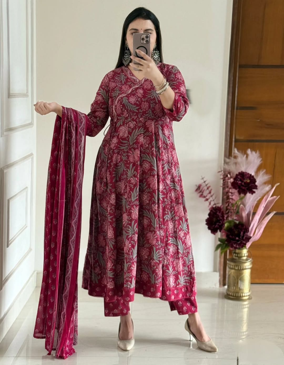 Premium Jaipuri Block Print Cotton Anarkali Suit Set with Katha Work