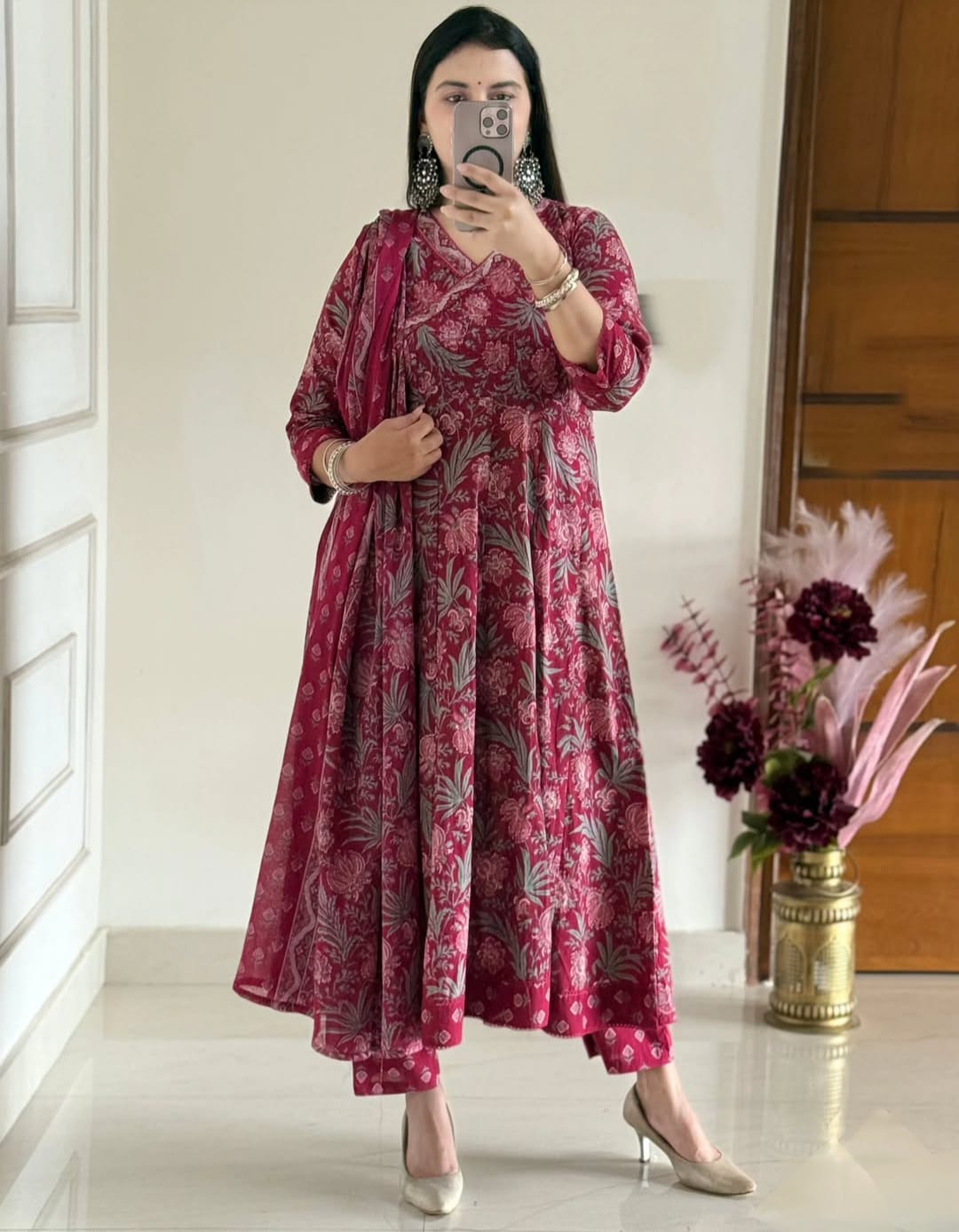 Premium Jaipuri Block Print Cotton Anarkali Suit Set with Katha Work