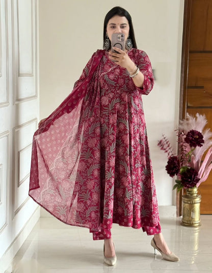 Premium Jaipuri Block Print Cotton Anarkali Suit Set with Katha Work
