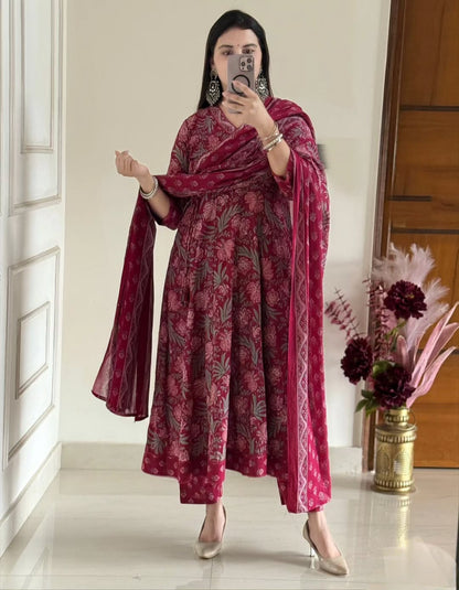 Premium Jaipuri Block Print Cotton Anarkali Suit Set with Katha Work