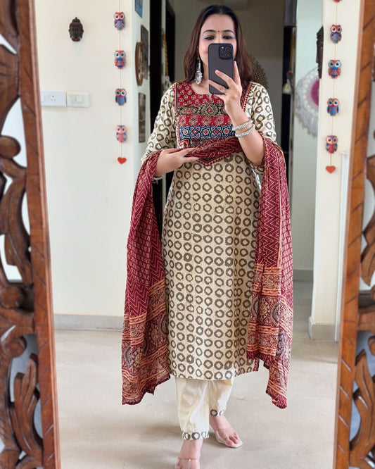 Premium Ajrakh Print Muslin Suit Set with Khatli Mirror Work & Mul Cotton Dupatta