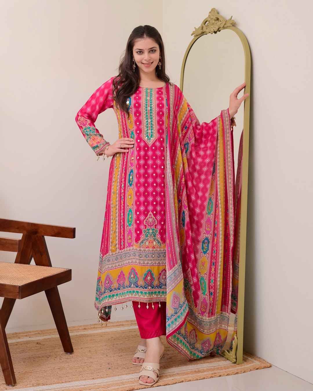 Premium Printed Pure Chinon Peplum Kurti & Palazzo Set