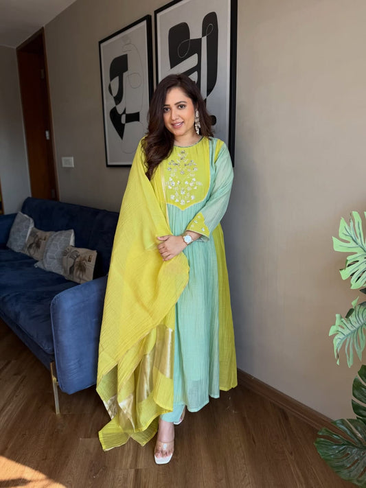 Premium Mint Green & Yellow Mul Chanderi Suit Set with Banarasi Dupatta