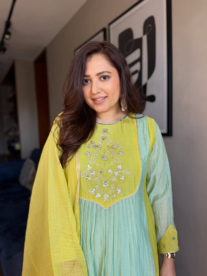 Premium Mint Green & Yellow Mul Chanderi Suit Set with Banarasi Dupatta