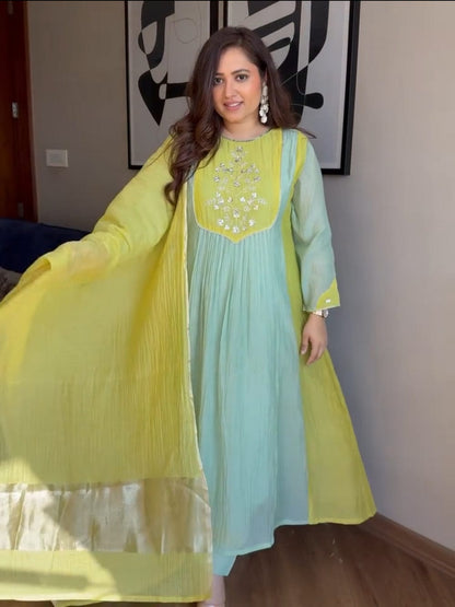 Premium Mint Green & Yellow Mul Chanderi Suit Set with Banarasi Dupatta