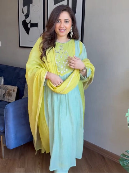 Premium Mint Green & Yellow Mul Chanderi Suit Set with Banarasi Dupatta
